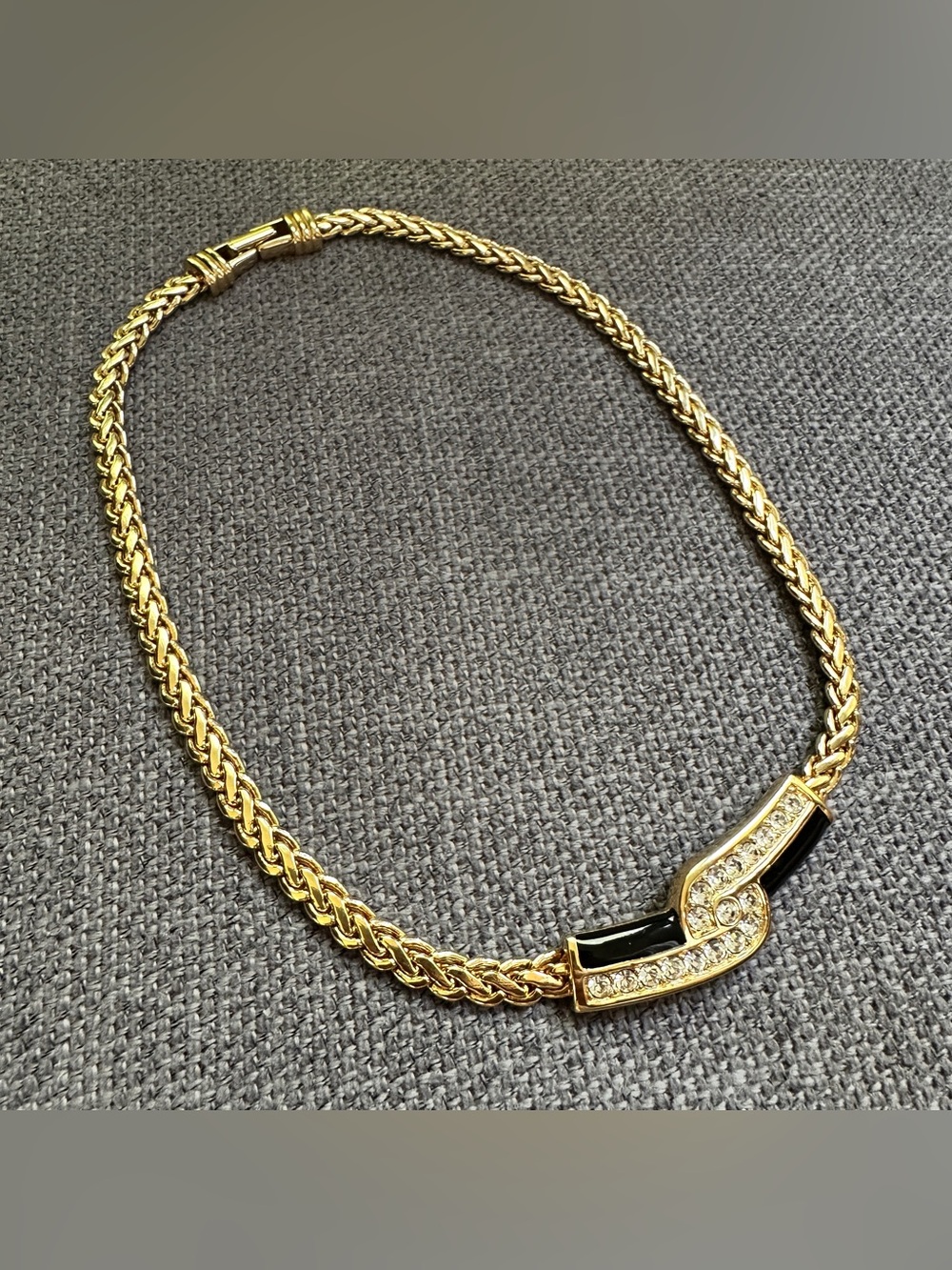 Swarovski Necklace Black Enamel Gold Crystals Vtg Fab!